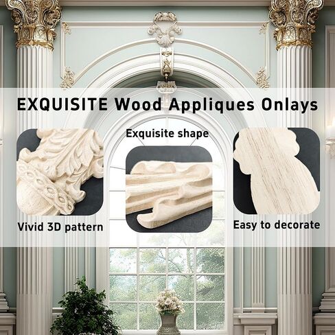 1Pc Long Wood Carved Appliques Onlays, Unpainted Decorative Wooden Flower Mouldings Trim for Window Door Frame Cabinet Mantel Fireplace Wall Mirror Home Furniture Decor, 29.5x5.9x1.8cm in Kuwait