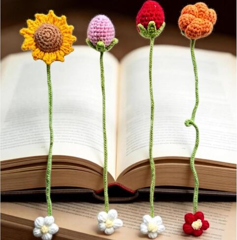 4 Pack Flower Crochet Bookmark Set Daisy Sunflower Strawberry Pumpkin Personalized Hook Flower for Women Book Fans and Teachers Ideal for Bookmarks Curtains Door Curtains and Crochet Flower Bookmark in Kuwait