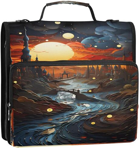 ALAZA Sunset Castle Starry Night Zipper Binder 3 Ring Binder Organizer with Zipper and Shoulder Strap Large Capacity Multi-Pocket for Office Supplies Work in Saudi Arabia