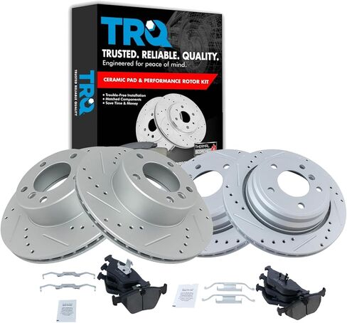 TRQ Front and Rear Brake Pad and Rotor Set Ceramic G Coated Vented Rotors Compatible with 2001-2003 BMW 525i 1997-2000 528i 1997 528i in Kuwait