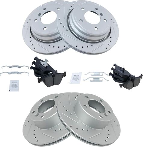 TRQ Front and Rear Brake Pad and Rotor Set Ceramic G Coated Vented Rotors Compatible with 2001-2003 BMW 525i 1997-2000 528i 1997 528i in Kuwait