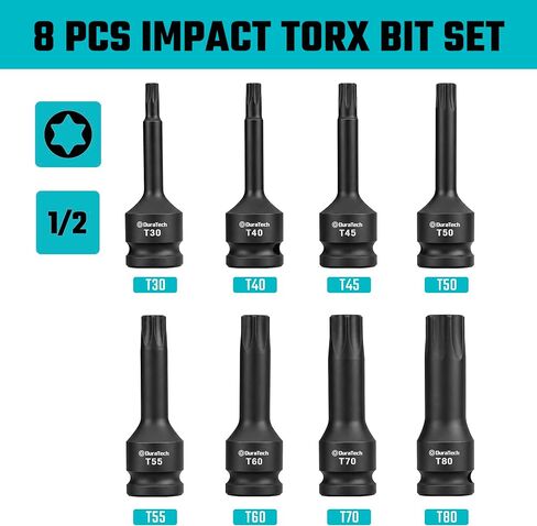 DURATECH 8-Piece Impact Torx Bit Set, 1/2" Drive, T30, T40, T45, T50, T55, T60, T70, T80 Torx Bits, Cr-Mo Steel, Organized in Storage Case in Kuwait