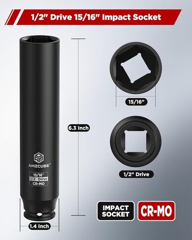 Heavy Duty 1/2" Drive 15/16" Truck Cage Bolt Socket, 6.3" Anti-Break Cr-Mo Extra Deep Spring Brakes Bolts Impact Socket with 6-Point Radius Corner Design in Saudi Arabia