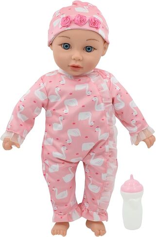 New Adventures Little Darlings: 14" Kiss N Tickles Baby Doll - Pink, White, Swan - Soft Body, Sounds, Light Up Cheek, Accessories, Toddler Kid Age 2+ in Saudi Arabia