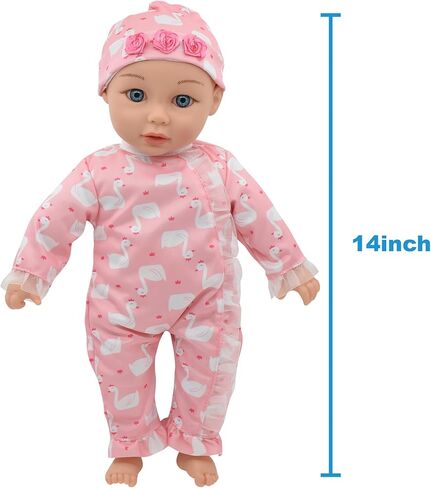 New Adventures Little Darlings: 14" Kiss N Tickles Baby Doll - Pink, White, Swan - Soft Body, Sounds, Light Up Cheek, Accessories, Toddler Kid Age 2+ in Saudi Arabia