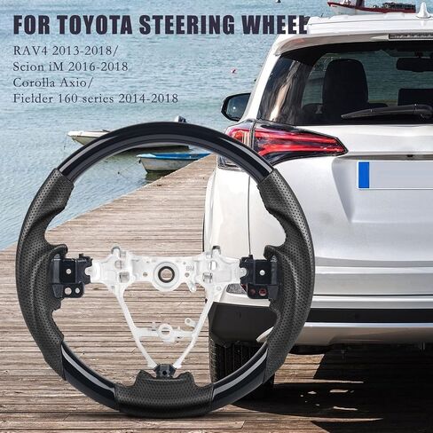 Piano Black Steering Wheel for Toyota RAV4 2013-2018, Corolla 2014-2019, Scion iM 2016, Glossy Black Finish, Perforated Leather Grip, OEM Style Round Interior Replacement in Kuwait
