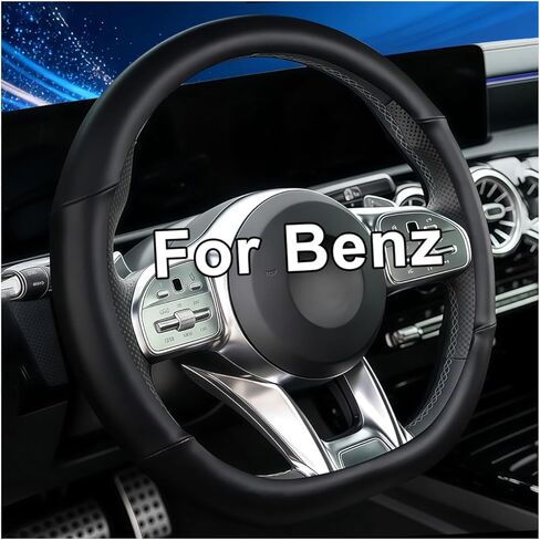 Steering Wheel Cover for Mercedes Benz AMG, D-Shaped Flat Bottom Leather 14.5-15 Inch Anti-Slip for A35 A45 C43 C63 E53 E63 S63 GLE GLC GT Series, Black in Saudi Arabia