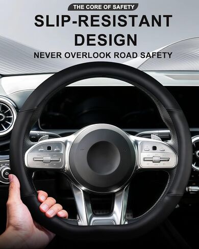 Steering Wheel Cover for Mercedes Benz AMG, D-Shaped Flat Bottom Leather 14.5-15 Inch Anti-Slip for A35 A45 C43 C63 E53 E63 S63 GLE GLC GT Series, Black in Saudi Arabia