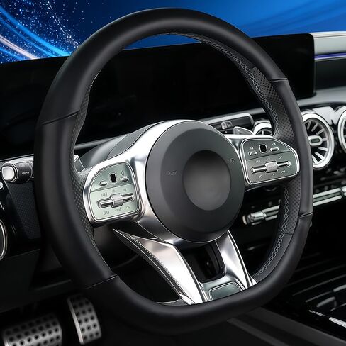 Steering Wheel Cover for Mercedes Benz AMG, D-Shaped Flat Bottom Leather 14.5-15 Inch Anti-Slip for A35 A45 C43 C63 E53 E63 S63 GLE GLC GT Series, Black in Saudi Arabia