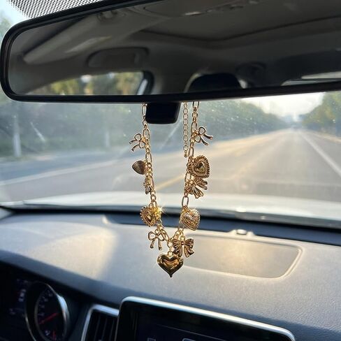 1PCS Steering Wheel Charm for Women – Heart Bow Car Mirror Hanging Accessory, Trendy Auto Decor & Fashionable Wrist Pendant, Compatible with Most Vehicles in Kuwait