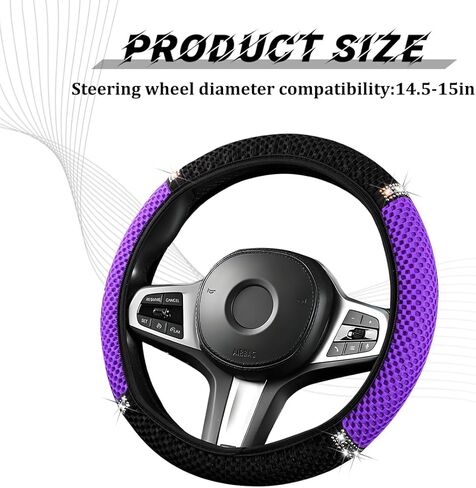Bling Car Steering Wheel Cover, 14.5-15" Sparkling Elastic Stretch Breathable Steering Wheel Protector with Rhinestones, Diamond Auto Interior Guard, Universal Fit (Black/Purple) in Kuwait