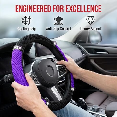 Bling Car Steering Wheel Cover, 14.5-15" Sparkling Elastic Stretch Breathable Steering Wheel Protector with Rhinestones, Diamond Auto Interior Guard, Universal Fit (Black/Purple) in Kuwait