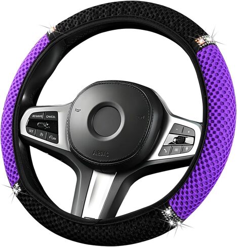 Bling Car Steering Wheel Cover, 14.5-15" Sparkling Elastic Stretch Breathable Steering Wheel Protector with Rhinestones, Diamond Auto Interior Guard, Universal Fit (Black/Purple) in Kuwait
