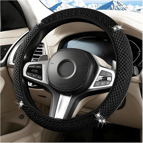 Bling Car Steering Wheel Cover, 14.5-15" Sparkling Elastic Stretch Breathable Steering Wheel Protector with Rhinestones, Diamond Auto Interior Guard, Universal Fit (Black/Purple) in Kuwait