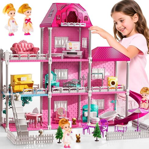 JUKUDAHU Villa Playset for Girls Ages 3-7, Indoor Playset Girls Toys for Ages 6-8 with 4 Storeys 11 Rooms 2 Dolls, Furniture and Accessories, Pretend Toddler Toy, Birthday Gifts for Kids 3 4 5 6 7 8 in Kuwait