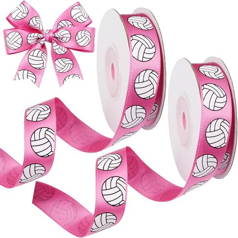 2 Rolls Volleyball Ribbon, 1.9cm/0.74 Inch Wide 16 Yard Pink and White Pattern Sports Satin Ribbon for DIY Hair Ties, Bows, Crafting, Wedding Gift Wrapping, Team Decor, Party (Pink) in Kuwait