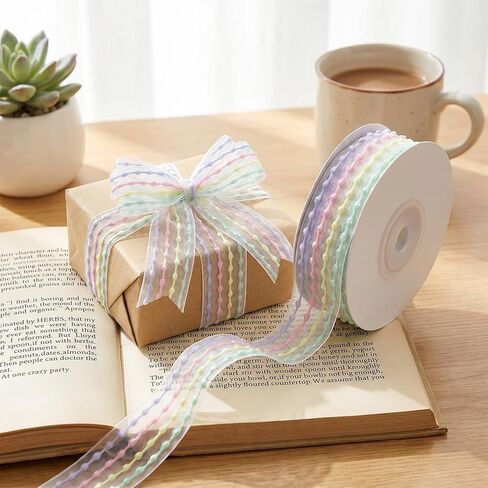 Pastel Organza Chiffon Rainbow Ribbon, Organza Chiffon Pastel Rainbow Stripe Ribbon for Gift Wrapping, Wedding, Birthday Party, Hair Bow, DIY Crafts, Spring Easter Decor (1 Inch 10 Yards) in Saudi Arabia