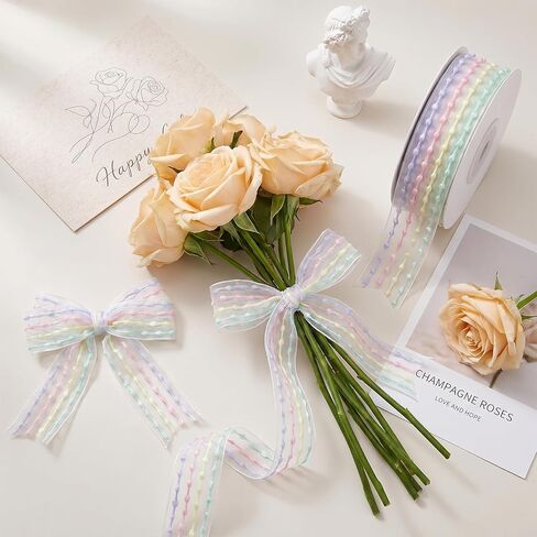 Pastel Organza Chiffon Rainbow Ribbon, Organza Chiffon Pastel Rainbow Stripe Ribbon for Gift Wrapping, Wedding, Birthday Party, Hair Bow, DIY Crafts, Spring Easter Decor (1 Inch 10 Yards) in Saudi Arabia