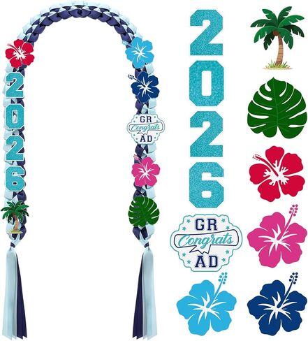 Craftsatin Cartoon Hawaii Ribbon Lei for Graduation 2026 67'' Blue Graduation Lei Double Braided Strands with Hibiscus and Palm Leaves for Class of 2026 Tropical Luau Grad Party Favors Graduate Gifts in Saudi Arabia