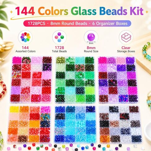 SONGIN 8mm Glass Beads for Jewelry Making, 144 Colors 1728PCS Round Crystal Beads Kit with 6 Organizer Boxes, Assorted Glass Bead Set for Bracelets, Earrings, Necklaces, DIY Crafts in Saudi Arabia