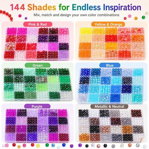 SONGIN 8mm Glass Beads for Jewelry Making, 144 Colors 1728PCS Round Crystal Beads Kit with 6 Organizer Boxes, Assorted Glass Bead Set for Bracelets, Earrings, Necklaces, DIY Crafts in Saudi Arabia
