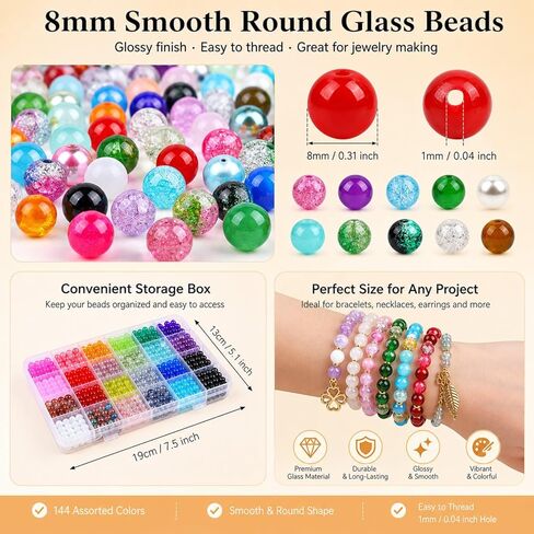 SONGIN 8mm Glass Beads for Jewelry Making, 144 Colors 1728PCS Round Crystal Beads Kit with 6 Organizer Boxes, Assorted Glass Bead Set for Bracelets, Earrings, Necklaces, DIY Crafts in Saudi Arabia