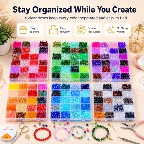 SONGIN 8mm Glass Beads for Jewelry Making, 144 Colors 1728PCS Round Crystal Beads Kit with 6 Organizer Boxes, Assorted Glass Bead Set for Bracelets, Earrings, Necklaces, DIY Crafts in Saudi Arabia