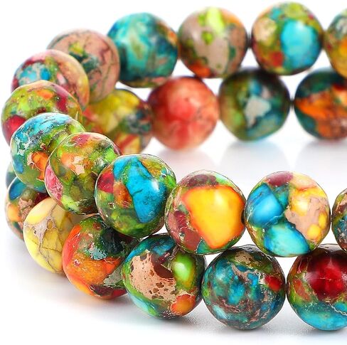 Yolev 47Pcs Jasper Beads, Natural Gemstone Beads, Imperial Sea Sediment, Colorful Round Stone Bead for Jewelry Necklace Bracelet Making(Multicolor F(8MM)) in Kuwait