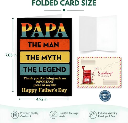 Papa Fathers Day Card, Fathers Day Card Papa with Seal and Envelope, Heartfelt Greeting Papas Cards from Kids, GrandKids or Family in Saudi Arabia