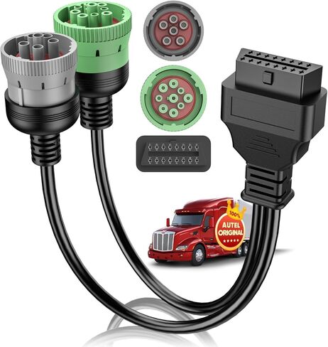 Autel Original OBD to Type 2 Green 9pin J1939 Male and 6pin J1708 Split Y Cable, 2-in-1 OBD2 Adapter for Commercial Vehicles Diesel Truck Heavy Duty Diagnostic, Work with Both Tpye2 and Type1 in Kuwait