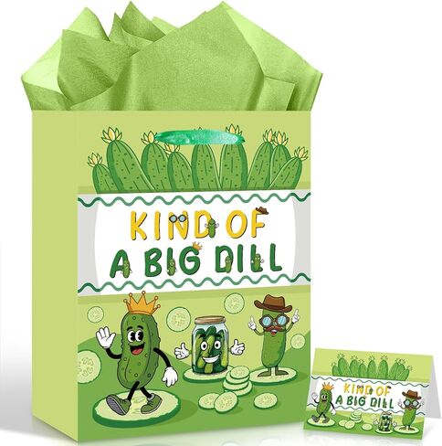 Pickle Gift Bag Funny Pickle Birthday Decorations Kind of A Big Dill Wrapping Bag with Green Tissue Paper and Card Cute Cartoon Fruit Cucumber Party Favor for Boys Girls Birthday Bday Party Supplies in Kuwait