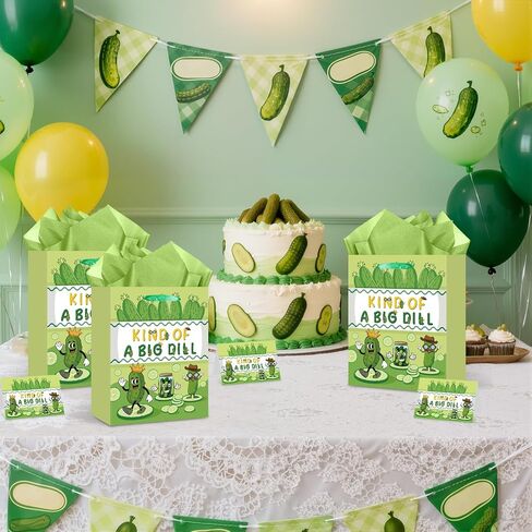 Pickle Gift Bag Funny Pickle Birthday Decorations Kind of A Big Dill Wrapping Bag with Green Tissue Paper and Card Cute Cartoon Fruit Cucumber Party Favor for Boys Girls Birthday Bday Party Supplies in Kuwait
