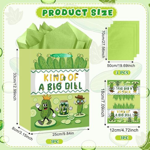 Pickle Gift Bag Funny Pickle Birthday Decorations Kind of A Big Dill Wrapping Bag with Green Tissue Paper and Card Cute Cartoon Fruit Cucumber Party Favor for Boys Girls Birthday Bday Party Supplies in Kuwait