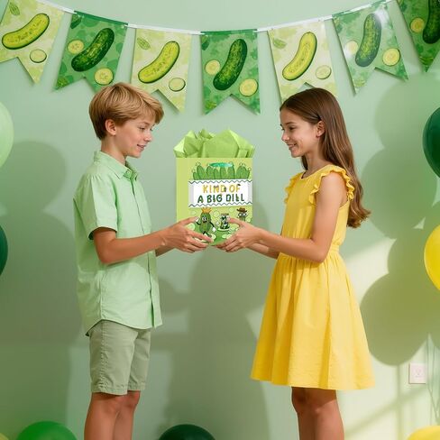 Pickle Gift Bag Funny Pickle Birthday Decorations Kind of A Big Dill Wrapping Bag with Green Tissue Paper and Card Cute Cartoon Fruit Cucumber Party Favor for Boys Girls Birthday Bday Party Supplies in Kuwait