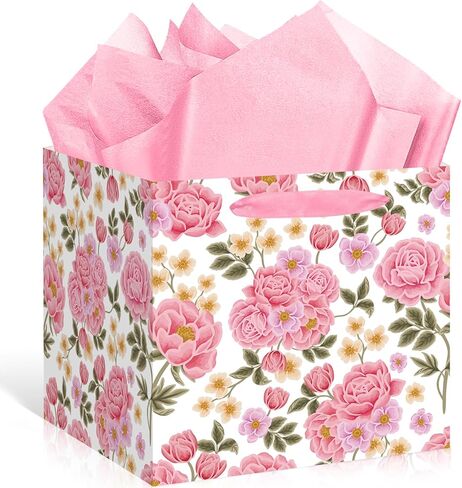 Extra Large Pink Floral Gift Bag Square Reusable Gift Bags with Tissue Paper Jumbo Wrapping Paper Bag for Women Birthday Wedding Bridal Shower Mother's Day Gifts Wrapping in Kuwait
