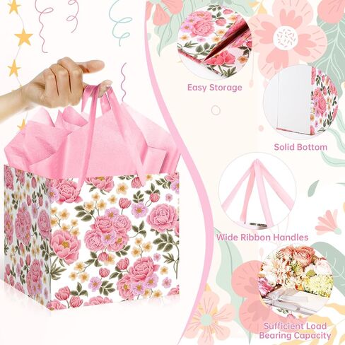 Extra Large Pink Floral Gift Bag Square Reusable Gift Bags with Tissue Paper Jumbo Wrapping Paper Bag for Women Birthday Wedding Bridal Shower Mother's Day Gifts Wrapping in Kuwait