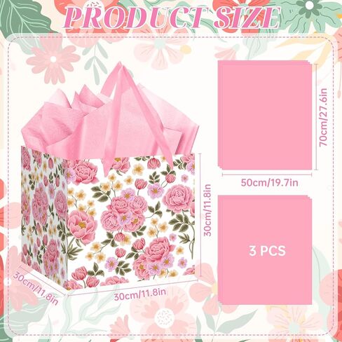 Extra Large Pink Floral Gift Bag Square Reusable Gift Bags with Tissue Paper Jumbo Wrapping Paper Bag for Women Birthday Wedding Bridal Shower Mother's Day Gifts Wrapping in Kuwait