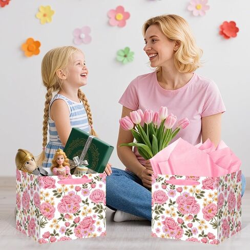 Extra Large Pink Floral Gift Bag Square Reusable Gift Bags with Tissue Paper Jumbo Wrapping Paper Bag for Women Birthday Wedding Bridal Shower Mother's Day Gifts Wrapping in Kuwait