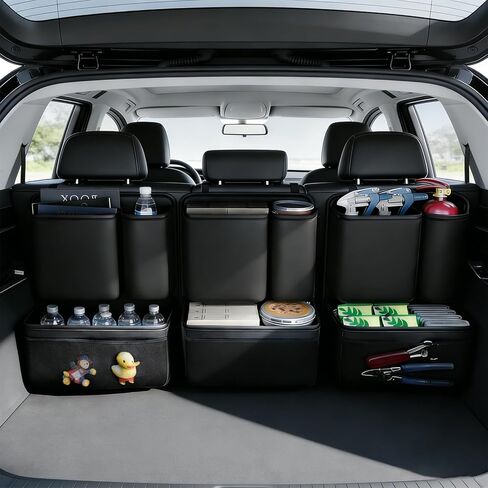 3 Pack Car Rear Seat Organizer, Open-Top Leather Backseat Storage Box with Cup Holder & Umbrella Strap, Hanging Trunk Organizer for SUVs, Trucks, Vans, Snacks, Drinks, Purses, Black in Saudi Arabia