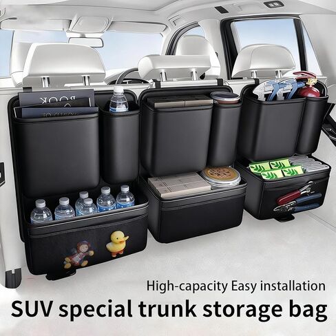 3 Pack Car Rear Seat Organizer, Open-Top Leather Backseat Storage Box with Cup Holder & Umbrella Strap, Hanging Trunk Organizer for SUVs, Trucks, Vans, Snacks, Drinks, Purses, Black in Saudi Arabia