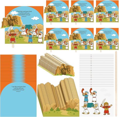 Motipuns 24 Pack Religious Sunday School Crafts for Kids Bulk Christian Bible Jericho Wall Crafts Kit Cut Cardstock Background Wooden Sticks Biblical Scene Model for Activities Sunday Craft Display in Saudi Arabia