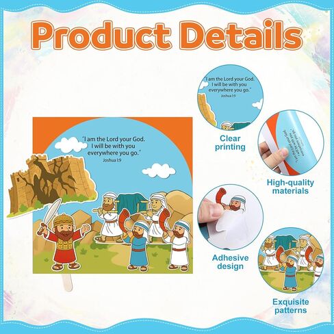 Motipuns 24 Pack Religious Sunday School Crafts for Kids Bulk Christian Bible Jericho Wall Crafts Kit Cut Cardstock Background Wooden Sticks Biblical Scene Model for Activities Sunday Craft Display in Saudi Arabia