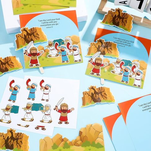 Motipuns 24 Pack Religious Sunday School Crafts for Kids Bulk Christian Bible Jericho Wall Crafts Kit Cut Cardstock Background Wooden Sticks Biblical Scene Model for Activities Sunday Craft Display in Saudi Arabia