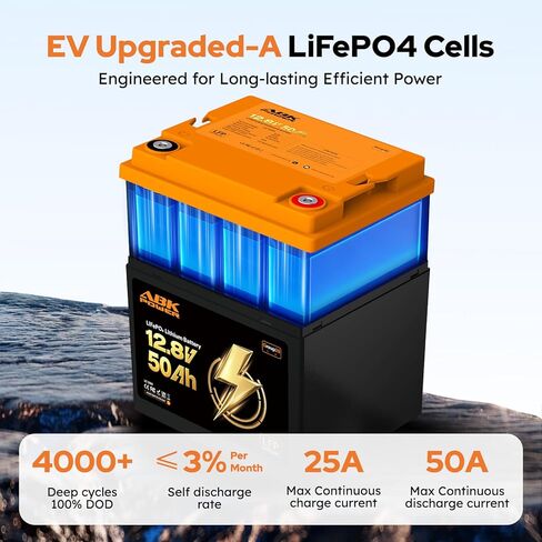 12V 50Ah LiFePO4 Battery, 4000+ Deep Cycle Lithium Battery 50A BMS with Over-Heating & Low-Temp Protection, Group 26 Rechargeable Battery for Marine Trolling Motor, RV, Boat, Home Backup in Kuwait