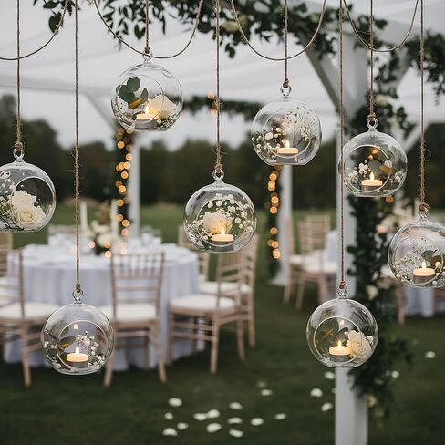 12 Pcs 3.15"/ 8cm Hanging Candle Holder Glass Globes for Candles, Air Plant Holders Terrarium Hanging Tea Lights Candle Holder Home Wedding Party Tree Decoration in Saudi Arabia