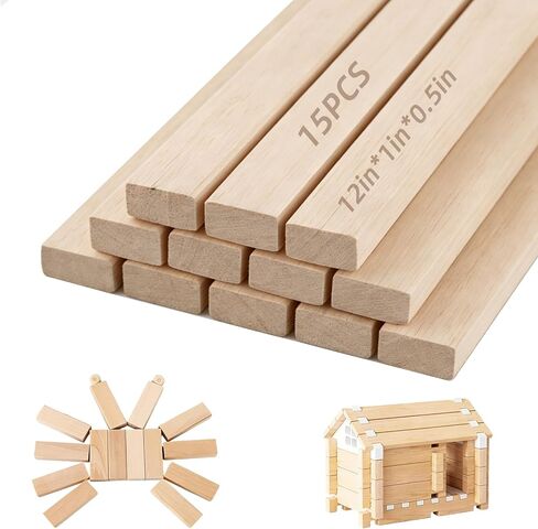 15 PCS Wooden Dowels for Crafts, 1/2" × 1" × 12" Wood Trim Strips Slats Flat Lumber Boards Square Dowel Rods Wooden Sticks Unfinished Hardwood Sticks for Woodworking, Crafting, Model Making in Saudi Arabia