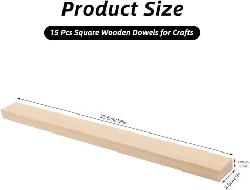 15 PCS Wooden Dowels for Crafts, 1/2" × 1" × 12" Wood Trim Strips Slats Flat Lumber Boards Square Dowel Rods Wooden Sticks Unfinished Hardwood Sticks for Woodworking, Crafting, Model Making in Saudi Arabia