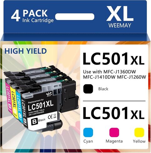 خراطيش حبر Weemay LC501XL LC501 XL (4 عبوات، 2000 صفحة) متوافقة مع خرطوشة حبر Brother LC501 LC501XL لطابعة Brother MFC-J1360DW MFC-J1260W MFC-J1410DW (أسود، سماوي، أصفر، أرجواني) in Kuwait
