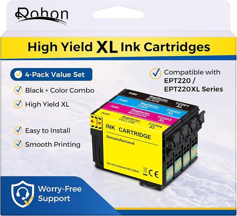 Compatible for EPT220XL High Yield Remanufactured Ink Cartridges, Compatible Replacement for WF-2760 WF-2750 WF-2660 WF-2650 WF-2630 XP-424 XP-420 XP-320 Printers, Black Cyan Magenta Yellow, 4-Pack in Saudi Arabia