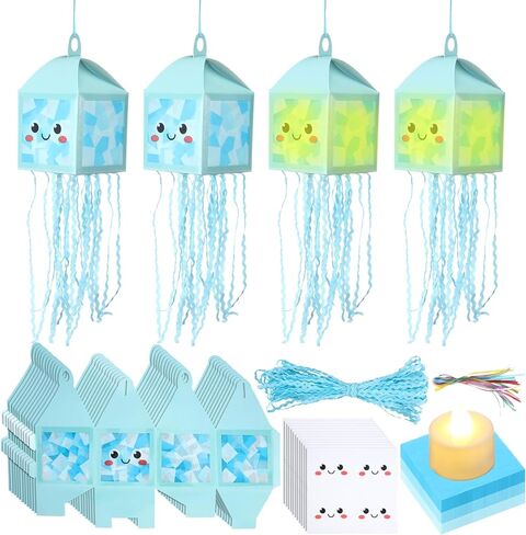 Simgoing 12 Sets Jellyfish Crafts with LED Candle Light DIY Jellyfish Lantern Tissue Paper Craft Kits Under the Sea Party Decoration Supplies for Ocean Mermaid Party Classroom Activities in Kuwait